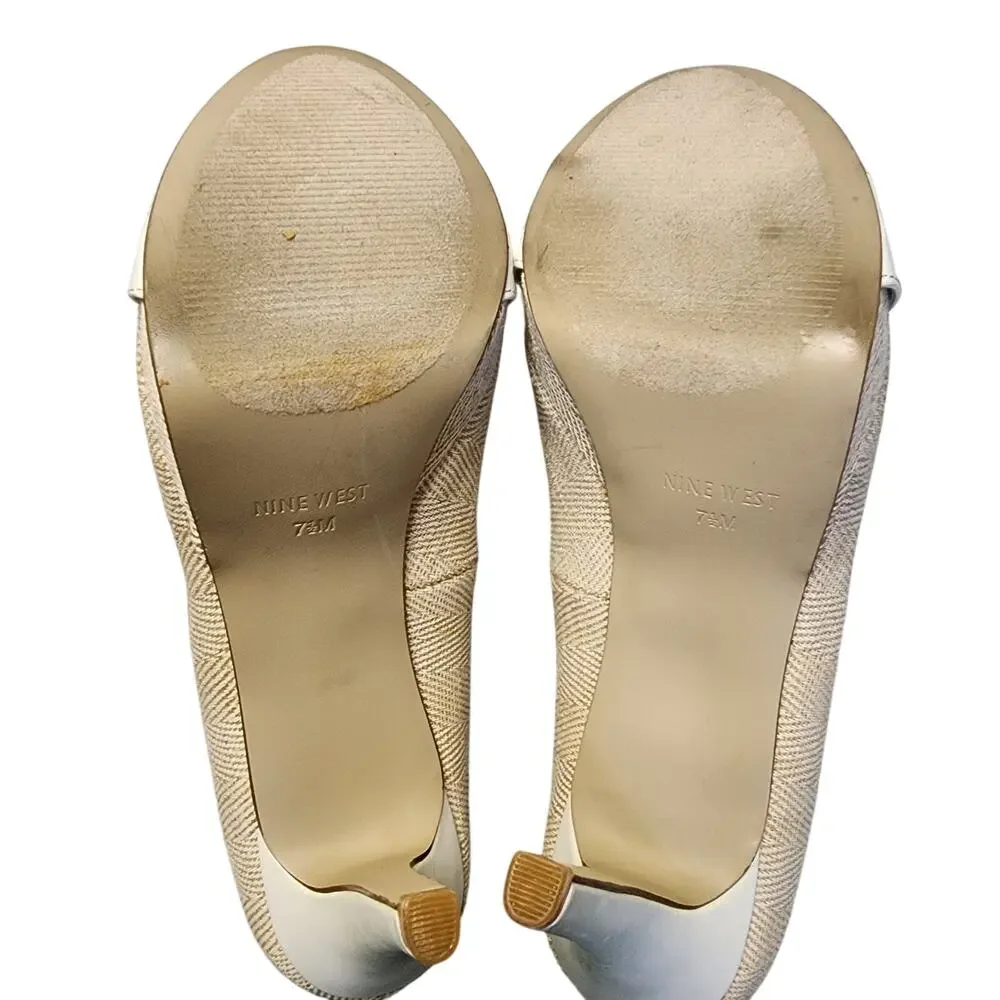 Nine West Women Shoes, Beige & Cream Fabric Print Peep Toe High Heel Pumps, 7.5M